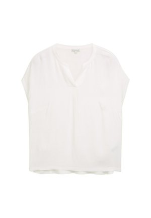 Blusa bianca a maniche corte con scollatura a V, dalla texture morbida, vestibilità ampia e dettagli di cucitura discreti sulle spalle e sull'orlo.