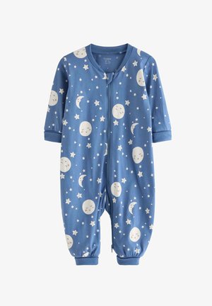 Body azzurro di cotone con maniche lunghe, dotato di zip frontale e decorato con lune sorridenti e stelle stampate su uno sfondo uniforme.