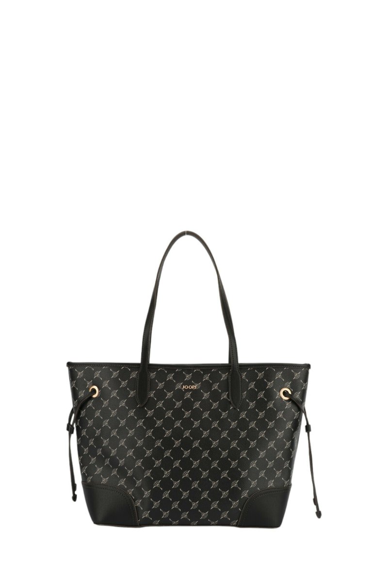 Bolso tote negro con un exterior decorado, que cuenta con detalles de hardware dorado, asas largas y paneles inferiores de cuero en contraste.