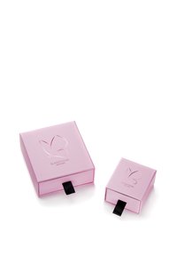 Due scatole rettangolari rosa con una finitura lucida, dotate di un logo a forma di farfalla impresso in colore metallico e maniglie in nastro nero.