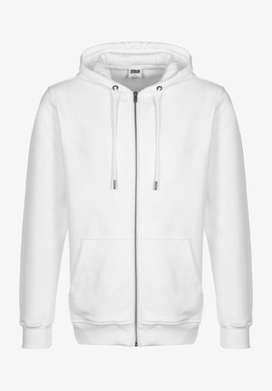 Valge tõmblukuga kapuutsiga sviiter, millel on nööriga kapuuts, ees taskud, soonikkud ja -äär. Valmistatud pehmest ja tekstuurilisest kangast.