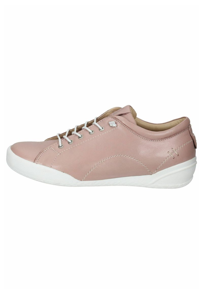 Sneaker in pelle rosa con suola bianca. Caratterizzato da punta rotonda, design con lacci e sottili dettagli di cucitura sui lati e sul tallone.