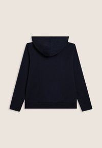 Felpa nera semplice distesa, mostrando il retro con maniche lunghe e cappuccio, senza loghi o design visibili.