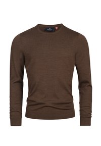 Maglione marrone lavorato a maglia con maniche lunghe, collo a giro e polsini a coste. Texture liscia, privo di motivi o decorazioni.