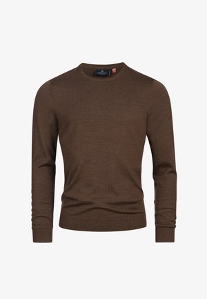 Brązowy sweter z dzianiny z długimi rękawami, okrągłym dekoltem i prążkowanymi mankietami. Gładka tekstura, bez wzorów i ozdób.