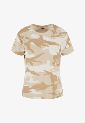 Beež camouflage t-särk, mis on valmistatud pehmest puuvillast, ringkraega ja lühikeste varrukatega, millel on abstraktsed heleda ja tumeda beeži mustrid.