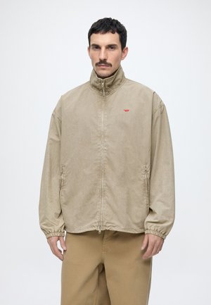 Mann mit kurzem dunklem Haar und Schnurrbart, der eine beige Zip-Jacke und Khakihose trägt, steht vor einem schlichten hellen Hintergrund.