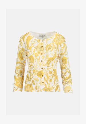 White cardigan with yellow floral and leaf patterns, round neckline, gold buttons down front, and three-quarter sleeves.