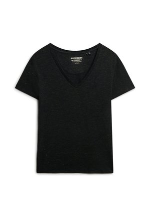Schwarzes Baumwoll-T-Shirt mit V-Ausschnitt, kurzen Ärmeln und subtiler gepunkteter Textur. Das Etikett trägt die Aufschrift "Superdry". Klassische, lässige Passform.