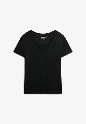 Schwarzes Baumwoll-T-Shirt mit V-Ausschnitt, kurzen Ärmeln und subtiler gepunkteter Textur. Das Etikett trägt die Aufschrift "Superdry". Klassische, lässige Passform.