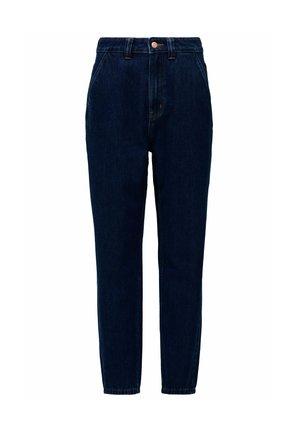 Jeans in denim blu scuro con vita alta, gambe affusolate, design a cinque tasche e chiusura con bottone metallico davanti.