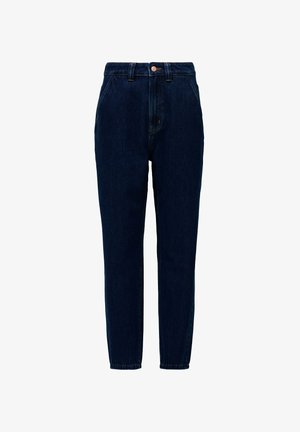 Jean en denim bleu foncé avec une taille haute, des jambes fuselées, un design à cinq poches et une fermeture à bouton en métal à l'avant.