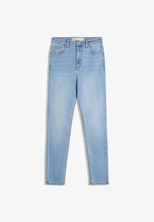 Helle blaue Denim-Jeans mit schlankem Schnitt, klassischem Fünf-Taschen-Design und mittelhohem Bund mit dezenten Farbverlauf.