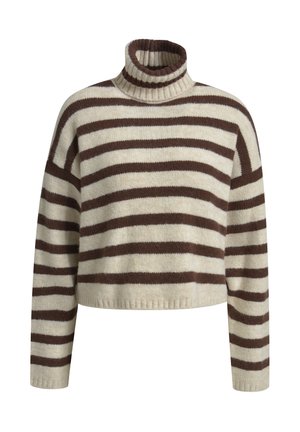 Cream and brown striped wool turtleneck sweater with long sleeves and a ribbed hem and cuffs.