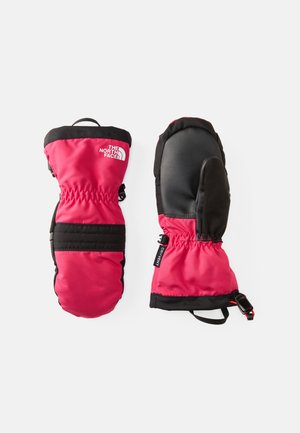 Röda och svarta isolerade vantar med ett vattentätt yttre, elastiska muddar och en greppförstärkande palmsstruktur; har logotyp och hängöglor.