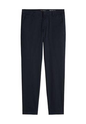 Marineblauwe herenbroek met slim-fit pasvorm, riemlussen, zijzakken en een ritssluiting aan de voorkant.