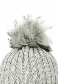 Knitted gray beanie with a soft faux fur pom-pom on top. Features a ribbed design and is lightweight with a textured appearance.