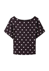 Black short-sleeve top with wide neckline and white polka dot pattern evenly spread across the fabric.