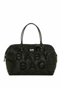 Sac à langer noir matelassé avec le texte "BABY BAG" en tissu peluche. Dispose de doubles poignées et d'un extérieur lisse avec des accents en métal argenté.