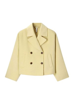Short yellow wool cropped double-breasted coat with wide lapels, two side pockets, and four brown buttons.