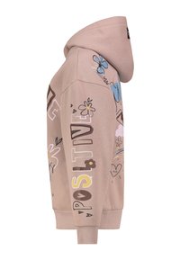 Beige Kapuzenpullover mit bunten Floral- und Herzskizzen, das Wort "POSITIVE" vertikal auf dem Ärmel in gemischten Farben und Stilen aufgedruckt.