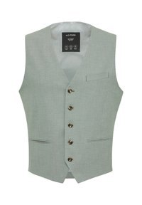 Hellgraue Weste mit strukturiertem Finish, fünf bronzefarbenen Knöpfen und einer einzelnen Brusttasche. Sie verfügt über ein satinartiges Futter und eine taillierte Passform.