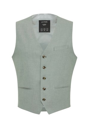 Gilet gris clair avec une finition texturée, cinq boutons en bronze et une poche poitrine unique. Comprend une doublure en satin et une coupe ajustée.