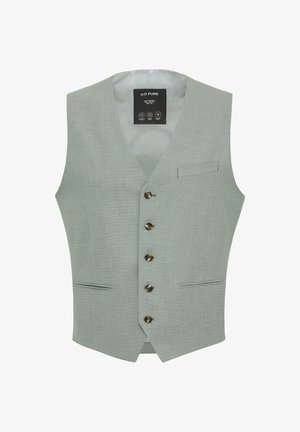 Hellgraue Weste mit strukturiertem Finish, fünf bronzefarbenen Knöpfen und einer einzelnen Brusttasche. Sie verfügt über ein satinartiges Futter und eine taillierte Passform.