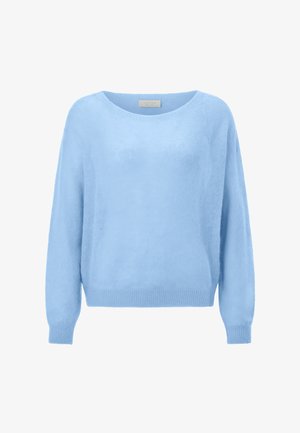 Világoskék pulóver puha, bolyhos anyagból, széles nyakkivágással és hosszú ujjakkal. Bordás szegély részletek az alján és az ujjvégeken.