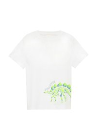Witte katoenen t-shirt met een grafiek van een groene dinosaurusskelet en het woord "ONTDEK" erboven gedrukt. Korte mouwen en ronde hals.