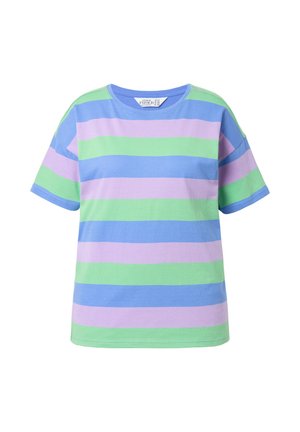 Short-sleeved t-shirt featuring horizontal stripes in light blue, green, and lavender. Made of soft cotton with a relaxed fit and crew neckline.