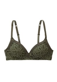 Soutien-gorge en dentelle verte présentant une forme triangulaire, un motif floral et des bretelles réglables avec une bande en tissu lisse. Aucun matériel visible.