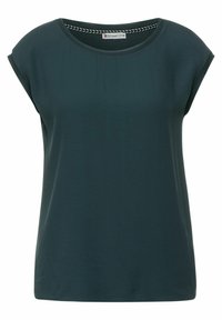 Dark green short-sleeve t-shirt made of soft fabric, featuring a round neckline with contrasting stitching. Simple and unembellished design.
