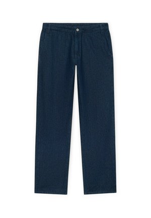 Donkerblauwe rechte spijkerbroek met voorzakken, riemlussen, knoopsluiting en ritssluiting op een witte achtergrond.