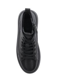 Czarne trampki typu high-top z fakturowanej skóry, gładką noskiem, przednim systemem sznurowania oraz bocznym zamkiem błyskawicznym dla łatwego zakupu.