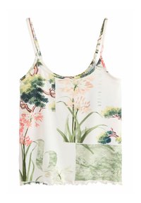 Witte top met verstelbare bandjes, versierd met bloemen- en botanische patronen in roze, groen en geel, met een gegolfde zoom en subtiele branding.