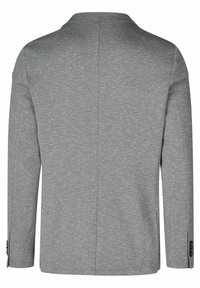 Grauer Blazer aus strukturiertem Stoff, einreihiges Design, mit Reverskragen und zwei Vorderaschen. Verfügt über Knopfdetails an den Manschetten.