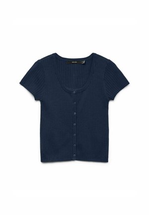 Cardigan à manches courtes en côte de couleur bleu marine avec un col rond et une fermeture à boutons sur le devant. Texture lisse avec un léger extensibilité.
