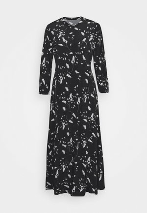 Schwarzes langärmeliges Kleid mit V-Ausschnitt, mit einem weißen Blumenmuster, strukturiertem Stoff und ausgestelltem Rock.