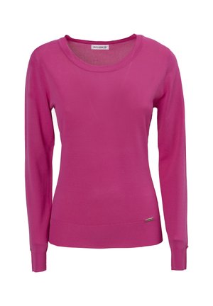 Pull long à manches longues rose vif avec un col rond. Fabriqué en tissu lisse, avec des poignets et un ourlet côtelés, et une petite étiquette logo à l'ourlet.