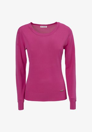 Pull long à manches longues rose vif avec un col rond. Fabriqué en tissu lisse, avec des poignets et un ourlet côtelés, et une petite étiquette logo à l'ourlet.
