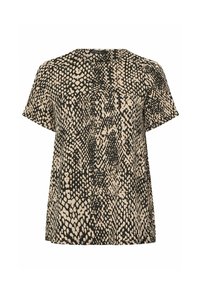 Kurzärmlige Bluse mit beigem und schwarzem Schlangenprint-Muster und rundem Ausschnitt.