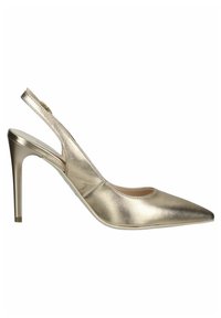 Pump slingback in oro metallico, punta affilata, finitura in pelle lucida, tacco stiletto alto, design minimalista, cinturino singolo con fibbia regolabile.