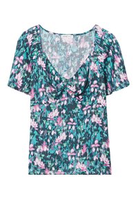 Bluse mit kurzen Ärmeln und floralem Muster, auf einem türkisfarbenen Hintergrund, mit pinken und grünen Blumenmustern und einer gedrehten Detailverarbeitung am Ausschnitt.
