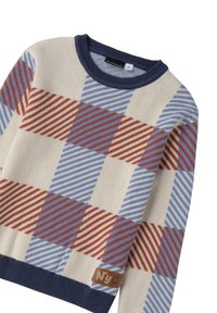 Maglione lavorato a maglia con una base crema che presenta un motivo a scacchi con strisce rosse, blu e bianche. Collo rotondo in navy e toppa con il marchio sull'orlo.