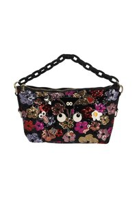 Flitteres kézitáska színes virágminták keverékével, fekete háttérrel és vastag lánc pánttal. Különféle díszítő tűkkel van ellátva.