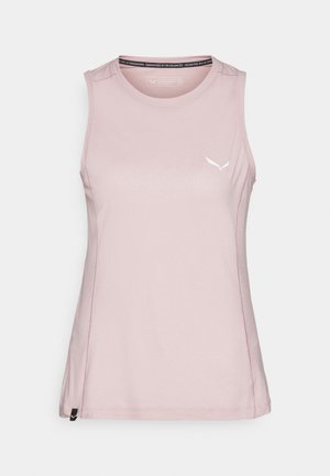 Rožinė be rankovių sportinė palaidinė, pagaminta iš minkštos medžiagos, su subtiliu logotipu ir sustiprintomis siūlėmis kraštuose.