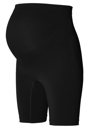 Zwarte zwangerschapsshorts van rekbaar materiaal, met een hoge tailleband en een lengte tot halverwege de dij, ontworpen voor comfort en ondersteuning.