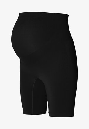 Zwarte zwangerschapsshorts van rekbaar materiaal, met een hoge tailleband en een lengte tot halverwege de dij, ontworpen voor comfort en ondersteuning.