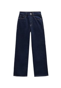 Granatowe dżinsy z prostą nogawką. Posiadają pięć kieszeni, zapięcie na guzik oraz widoczne akcenty przeszycia.